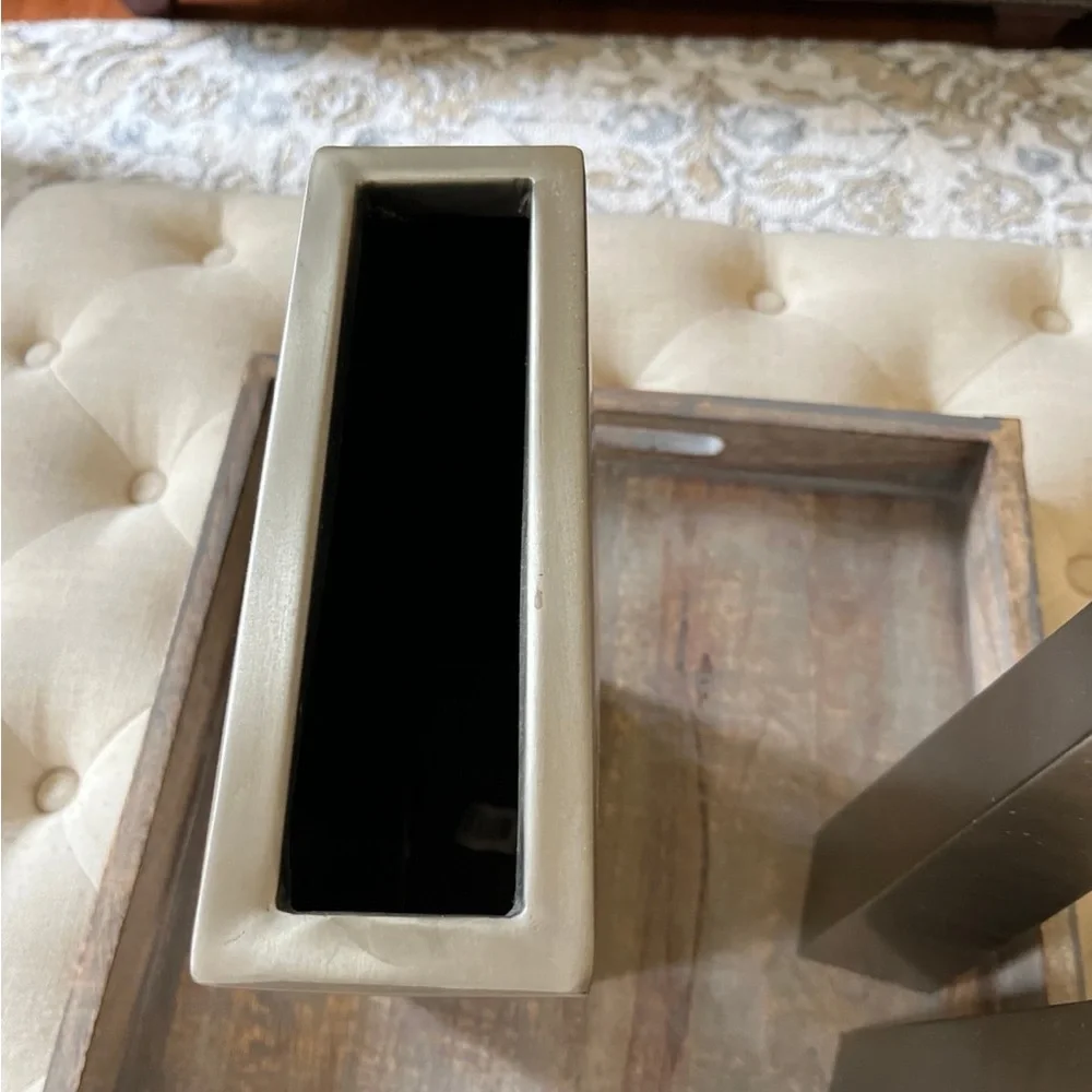 Pottery Barns Zinc medium vase and candle holders